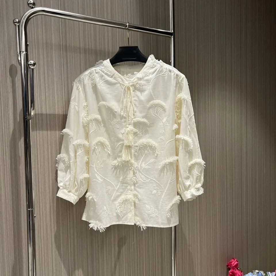 High quality 100% cotton 2024 spring women dandelion embroidery shirts loose sweet casual tops