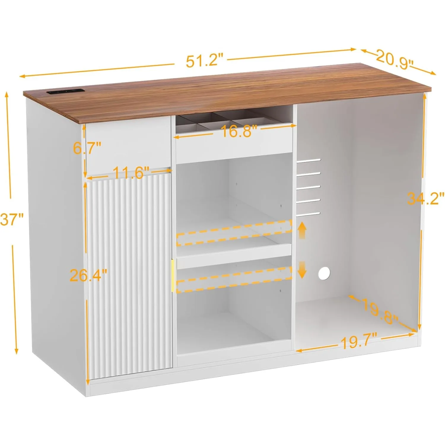 Snack Bar Cabinet with Fridge Space Storage and Display Shelf for Home Theater or Game Room 51 Inch White image 9