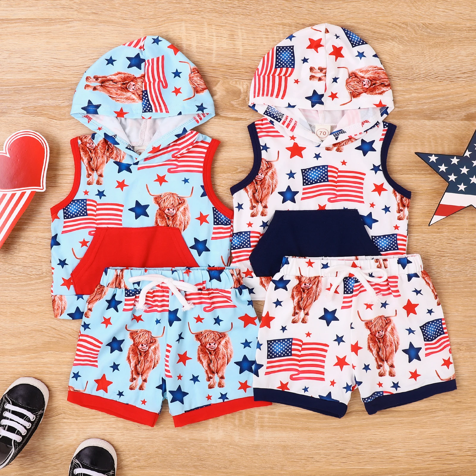 2PCS Summer Girls 0-3 Years Old Soft And Comfortable Refreshing Two Color Independence Day Sleeveless Vest Hooded + Shorts