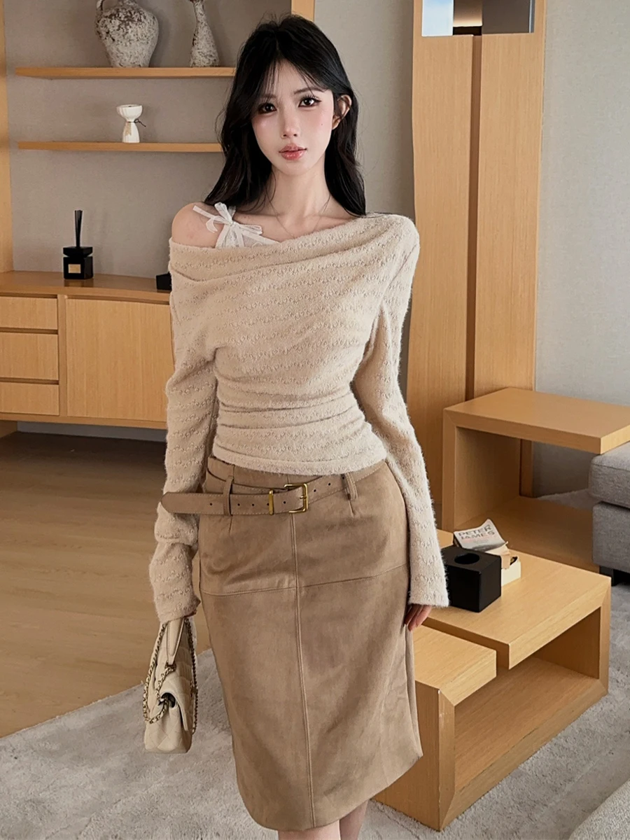 Elegant Lace Off-Shoulder Long Sleeve T-Shirt Top And Slim Fit Wrap around Skirt Set in Suede Fabric Sexy V-Neck Two-Piece Suit
