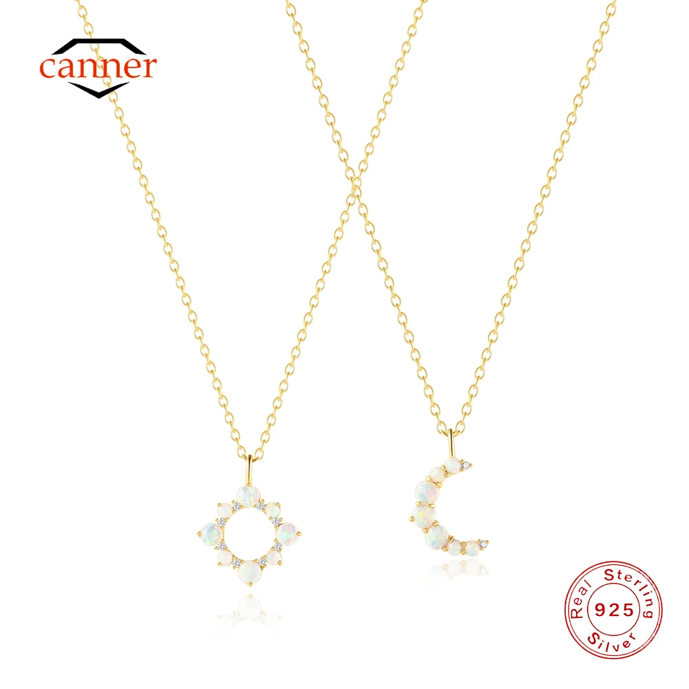 

CANNER 925 Sterling Silver Opal Moon Pendant Necklaces For Women Minimalism Octagonal Star Geometric Zircon Necklaces Jewelry