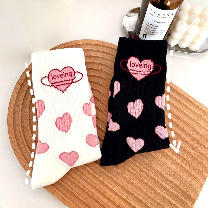 1 Pairs Pink Love Mid-tube Sock Cute Students Girls JK Lolita Socks Simple Fashionable Socks Women Kawaii