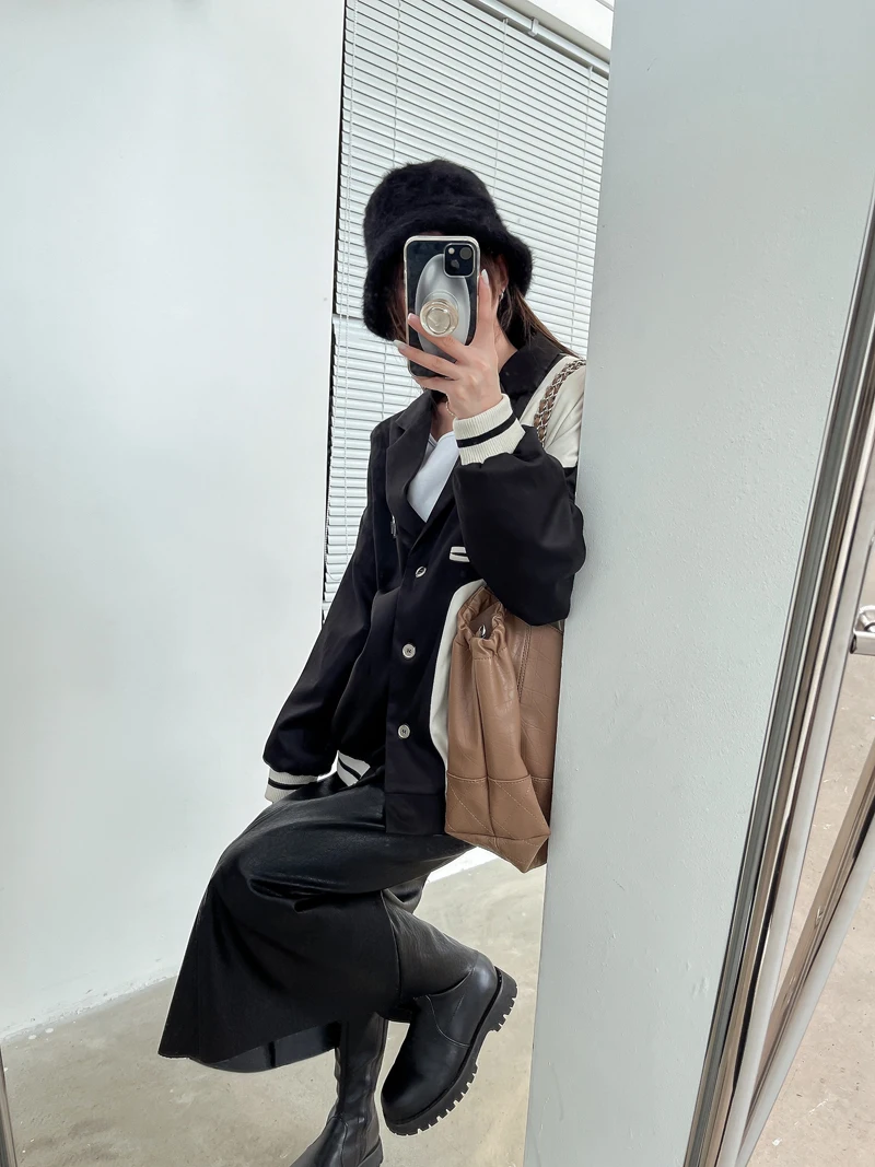 CHEERART Black Patchwork Oversized Jacket Tailored Coats And Jackets Quilted Korean Fashion Baseball Jacket Women Fall 2021