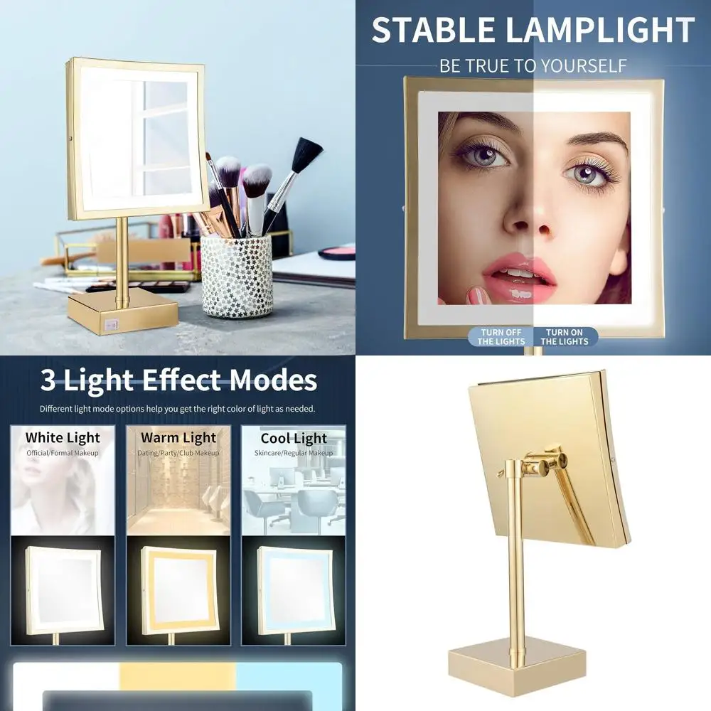 مرآة مكياج مكبرة بإضاءة LED مربعة 8 بوصة 5 مرات مع لمسة نهائية ذهبية مصقولة #1