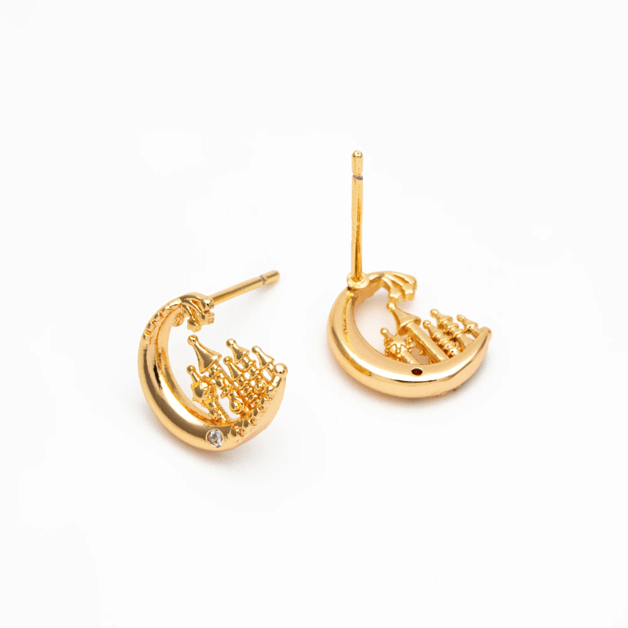 

10pcs CZ Pave Gold Moon Castle Earrings 10mm, Real Gold Plated Brass Celetial Stud Earrings (#GB-4239)