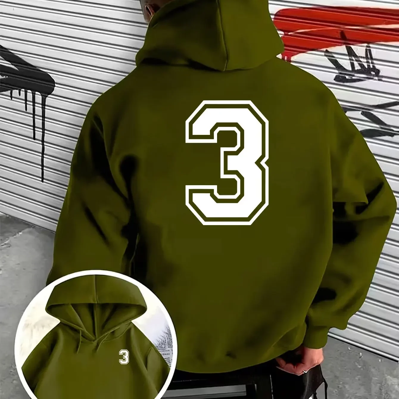 Men Varsity Number 3 Graphic Hoodie Front Back Double Sided Print Loose Fleece Pullover Sweatshirt