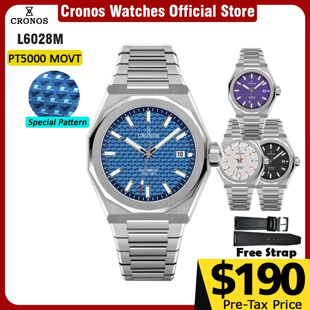 

Роскошные мужские часы Cronos, 39 мм, автоматические наручные часы PT5000 SW200, сапфировый кожаный ремешок, 10 АТМ, прозрачная задняя панель L6028M