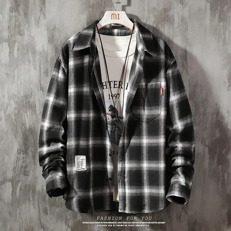 Men's Casual Shirt Harajuku Checkered Long Sleeved Shirt Loose Plus Size Jacket Men Japanese style High-quality Streetwear M-5XL