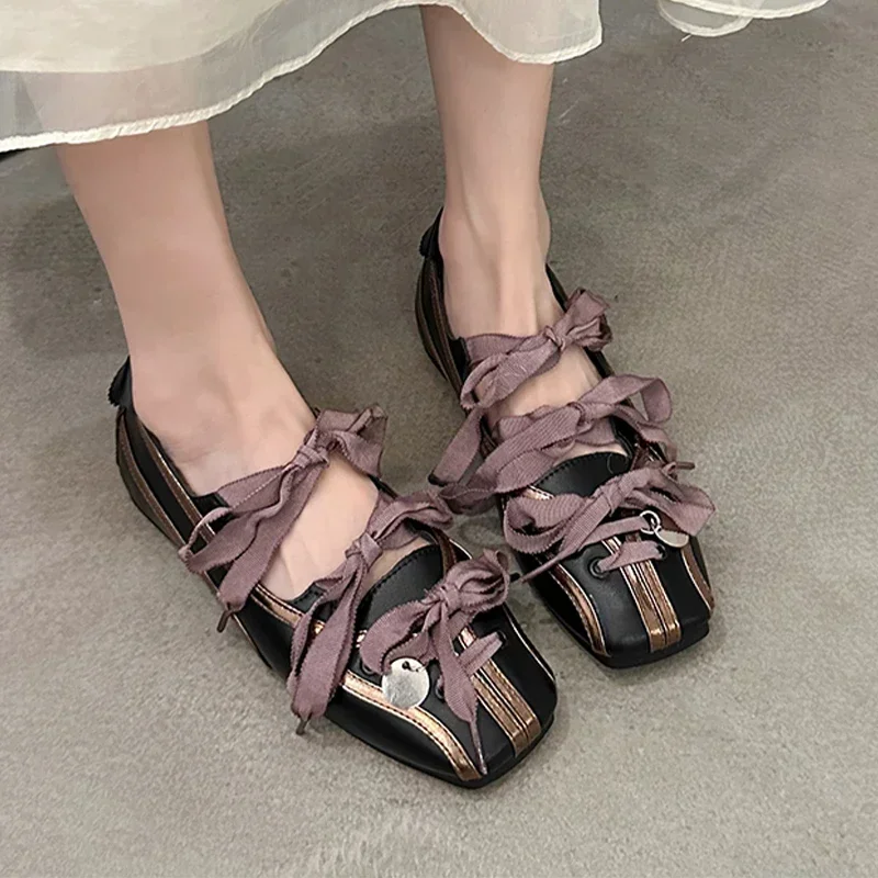 Bow Ballet Dance Designer Flats Casual Shoes Women Sandals Square Toe 2024 Trend Mary Janes Shoes Dress Shallow Zapatos Mujer