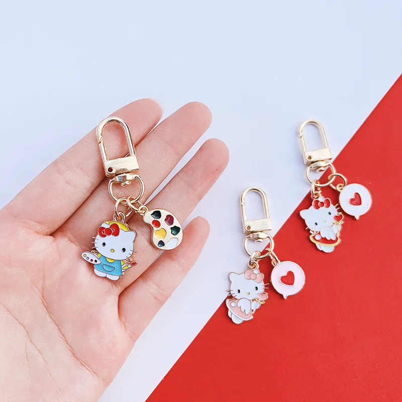 MINISO Sanrio Anime Keychain Cute Pendant Cartoon Hello Kitty Metal Rainbow Painter Angel Mermaid Heart Girlfriend Couple Gift