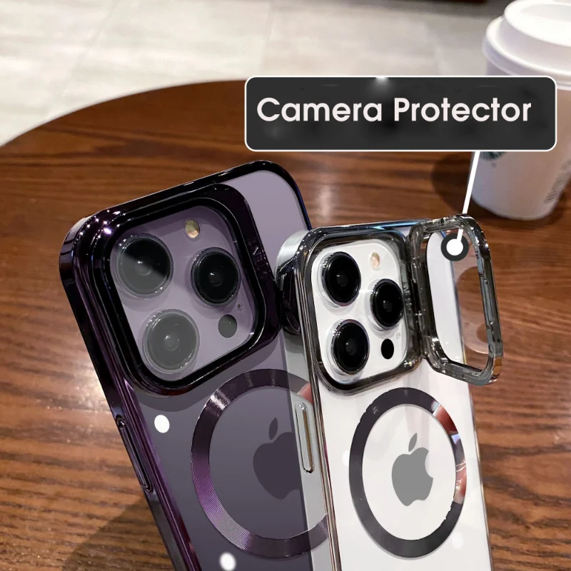 Luxury for Magsafe Plating Phone Case for iPhone 14 13 12 15 Pro Max Plus Camera Stand Transparent Hard Bracket Magnetic Cover