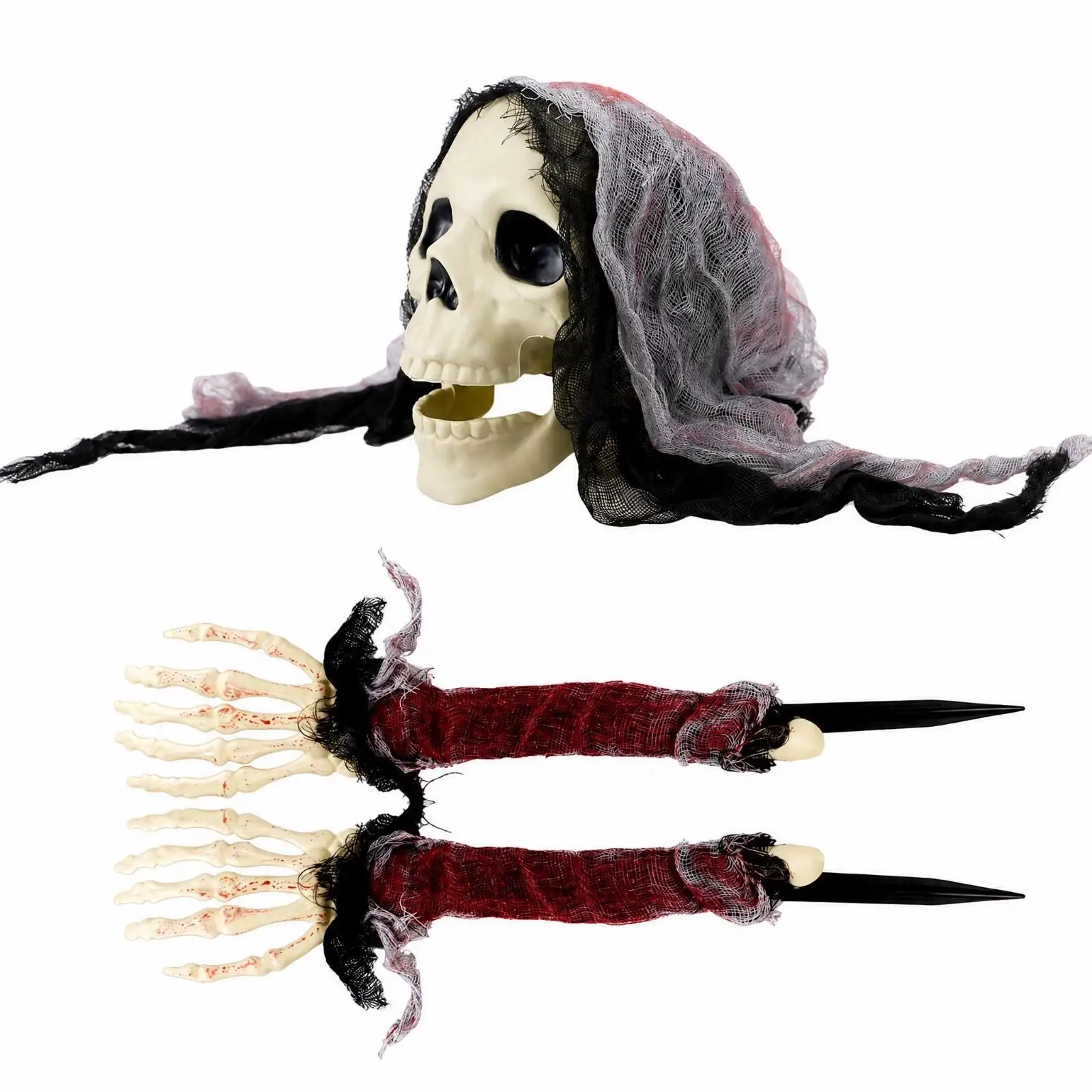 3 Pieces Skeleton Ground Stake Set with Gauze Outdoor Halloween Skeleton Yard Stake Skull and Arm Lawn Decoration Spooky Creepy
