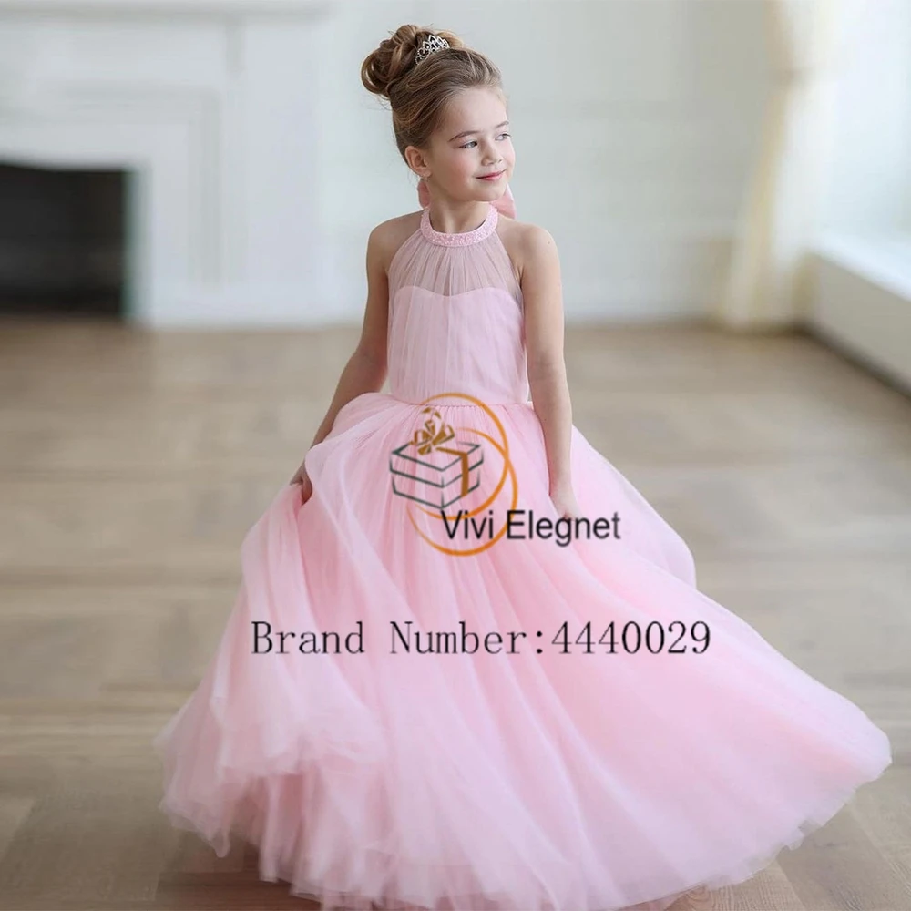 Pink Sleeveless Flower Girls Dresses for Kids 2024 Soft Tulle Floor Length Christmas Gowns with Tiered Summer فلور فتاة اللباس