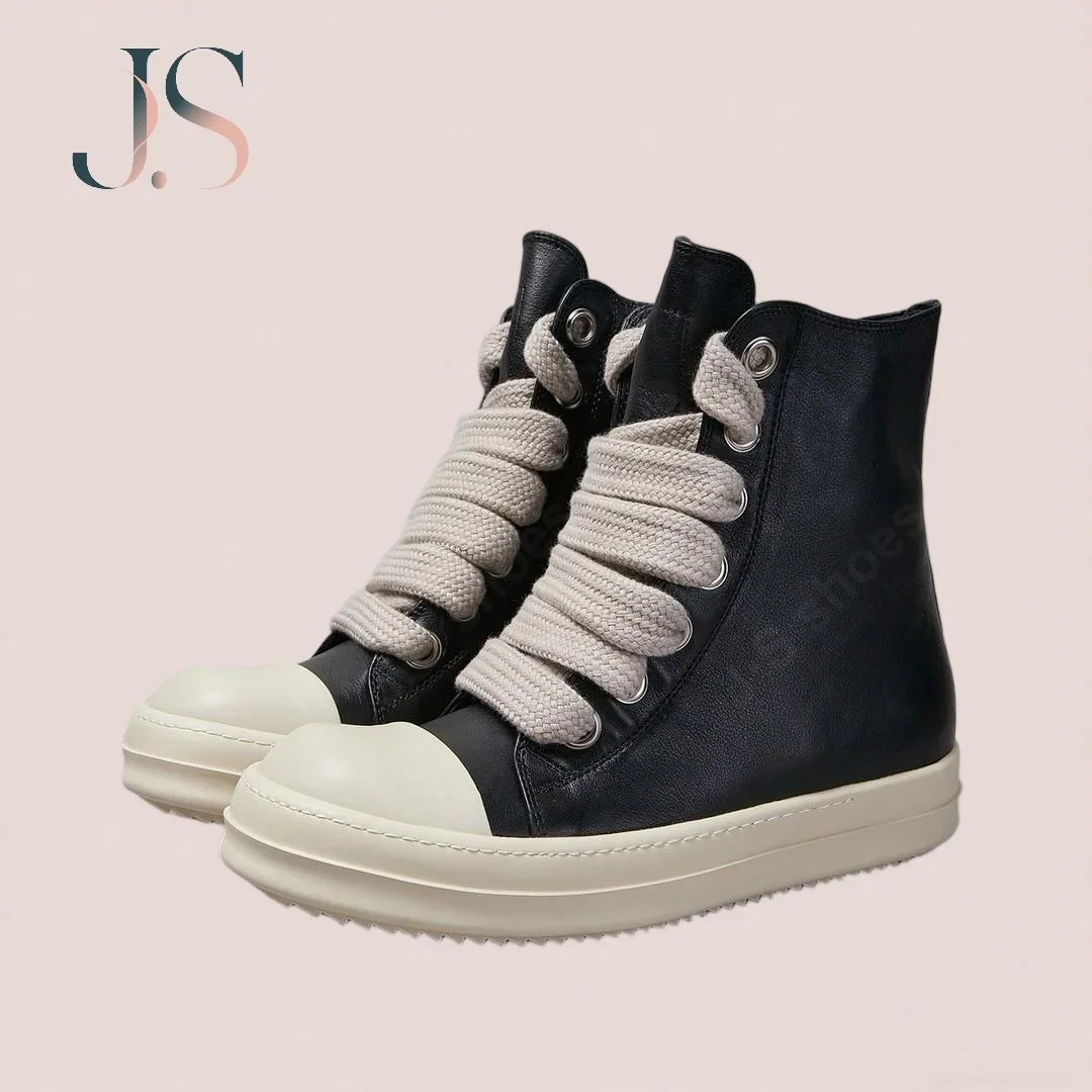

Brand Ro Shoe Full Black Leather Shoes Men Sneaker Women High Top Shoe Boots Jumbo Laces Classic Casual Sneakers Ankle Boot