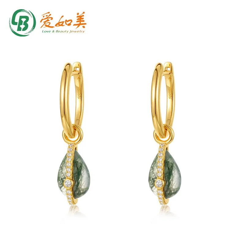 

Модные серьги из 18-каратного золота PT950platinum, посеребренные, 7-слойные, золотые, зеленые, с камнем из мха, в форме капли воды, универсальный темперамент