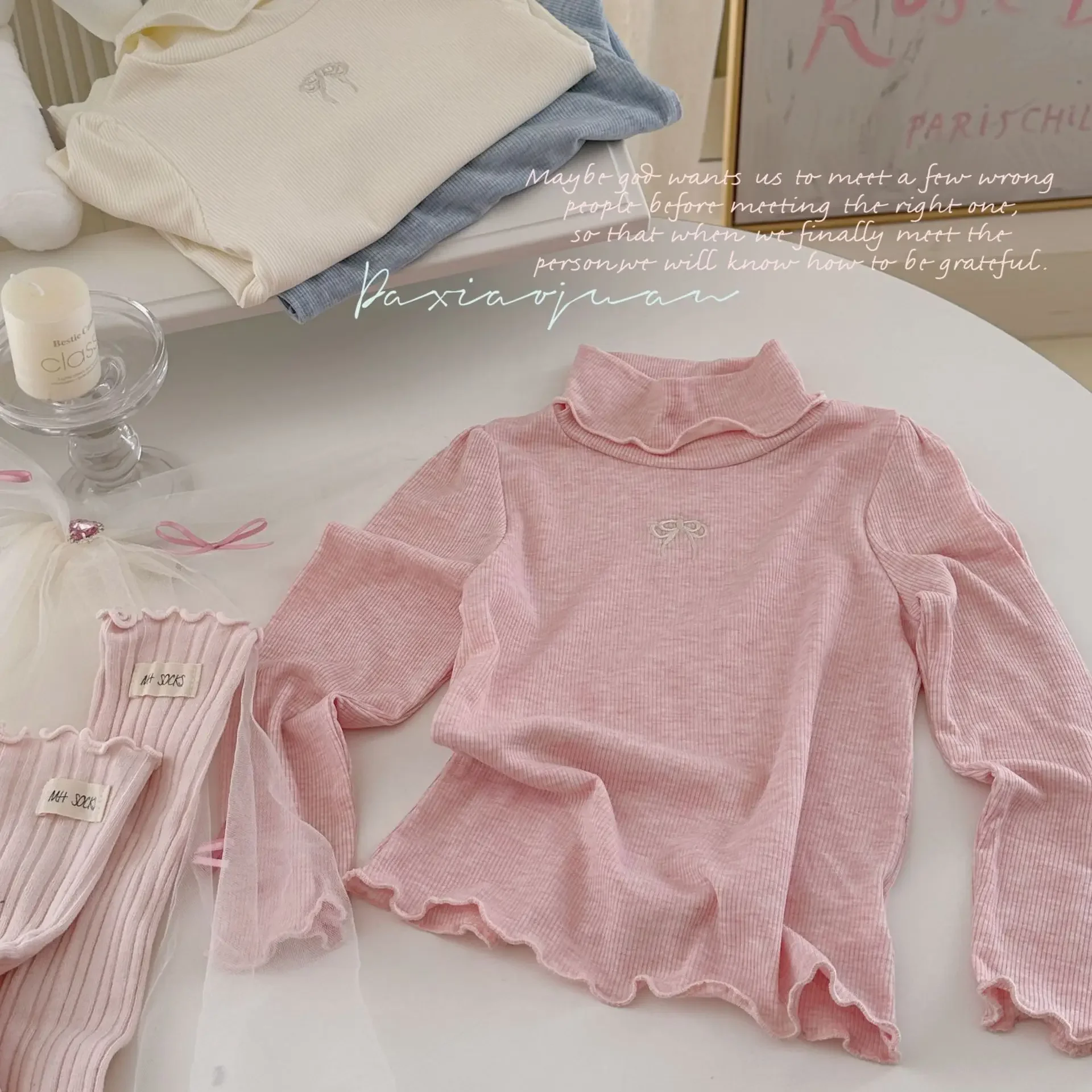 Undershirt Autumn New Children Clothing Girl Bow Flower Edge Bottom Layer Shirt Solid Color Tops Simple 2024 Bows Fashion