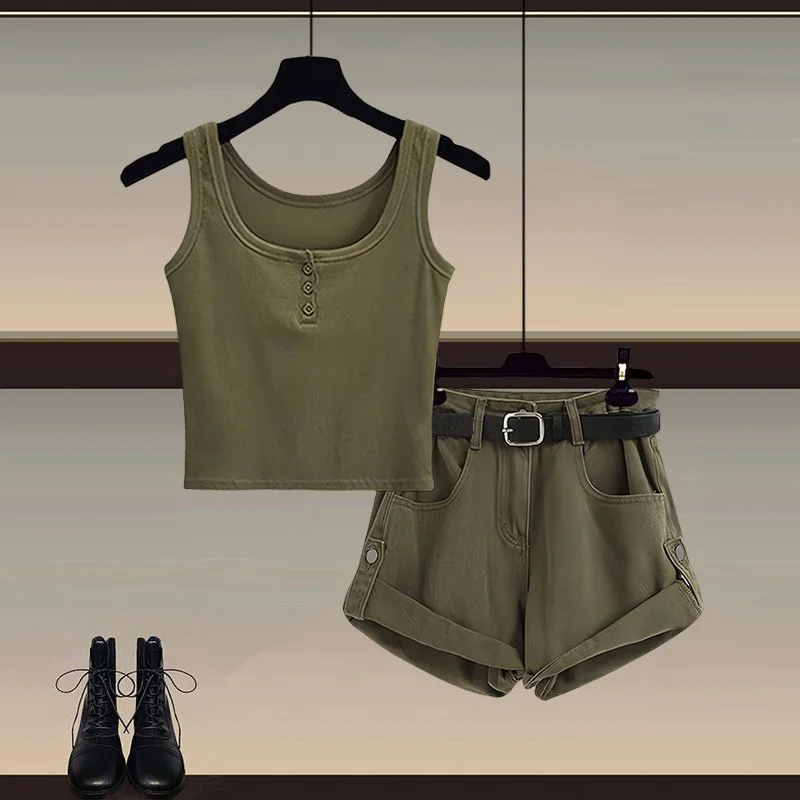 

Милый крутой повседневный женский джинсовый комплект, весенний новый костюм из двух предметов, одинаковый укороченный топ, модная школьная...