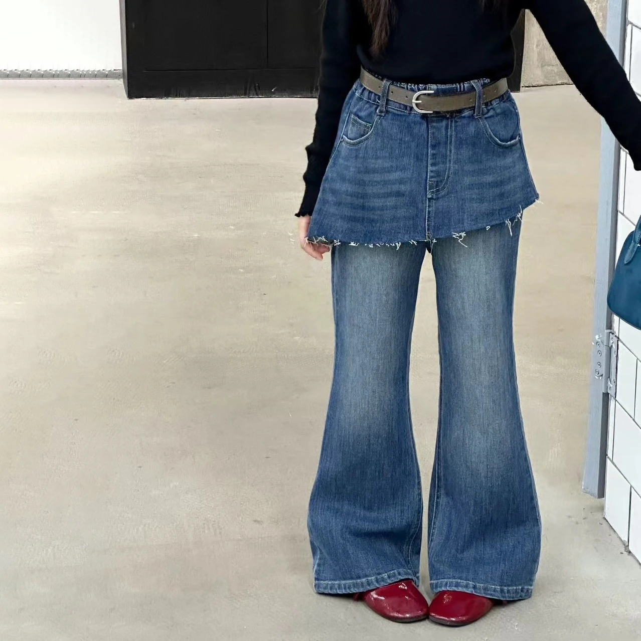 

autumn design 4 6 8 10 12 14 teen girls jeans+belt fashion blue bell-bottoms skirt pants junior kids trousers child clothes