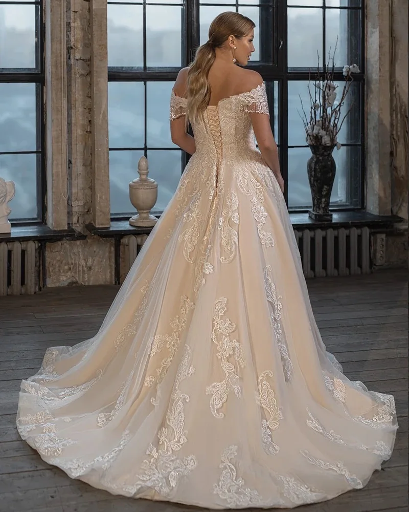Plus Size A-Line  Wedding Dress Sexy Off Shoulder Beading tassel Sweetheart Wedding Gown Appliques Vestidos De Novia Customized