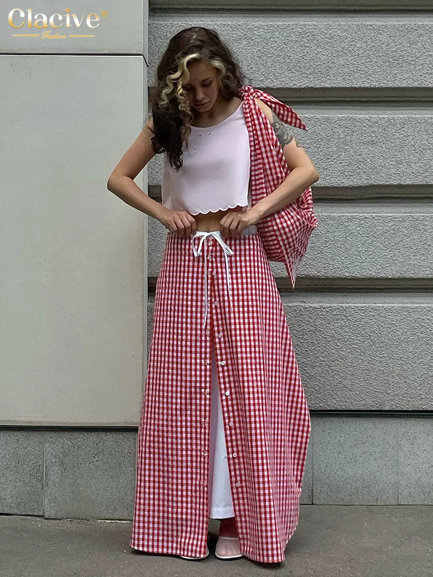 

Clacive Fashion Loose Red Plaid Women's Skirt 2025 Casual High Waist Maxi Skirts Elegant Classic Patchwork Skirt Female Clothing