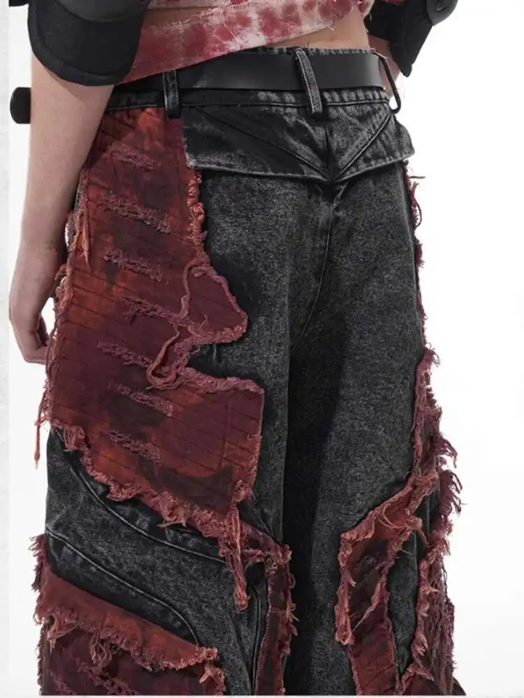 Luzhen 2025 novo original high street retalhos design jeans masculino elegante cor contraste em linha reta denim calças de cinco pontas jy1129