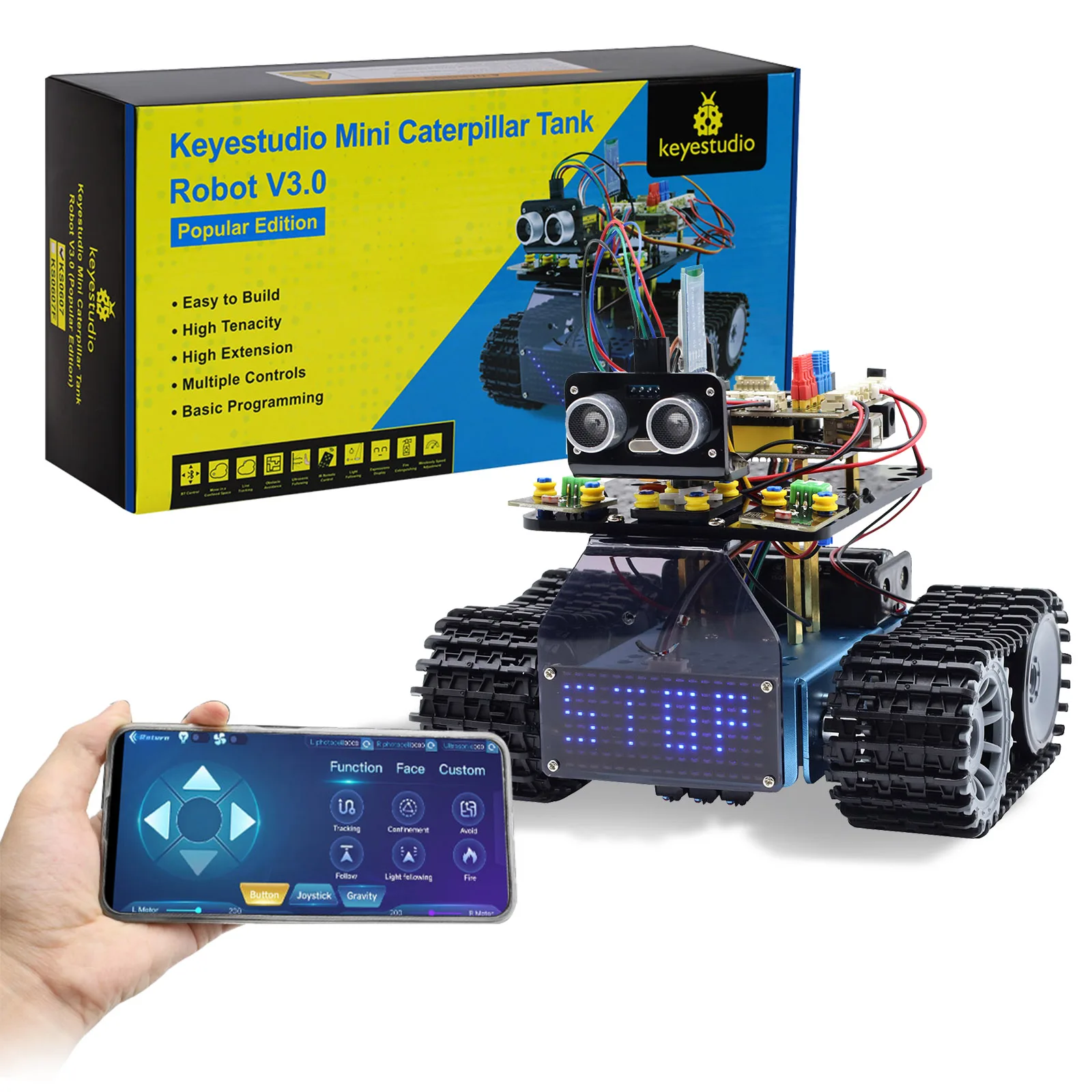Keyestudio Mini Tank Robot V3.0 Zestaw Robota Samochodowego dla Arduino, Programowalny Zestaw STEM DIY, Sterowanie na Podczerwień, Sterowanie Aplikacją