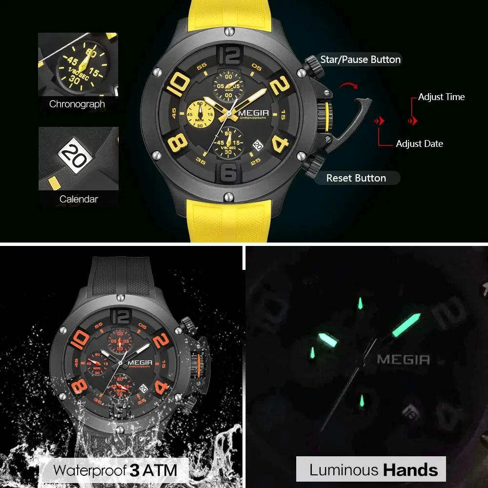 MEGIR 8115 Men Quartz Watch Leisure Sports Shockproof Chronograph Analog Display Yellow Silicone Strap Wrist Watches for Male