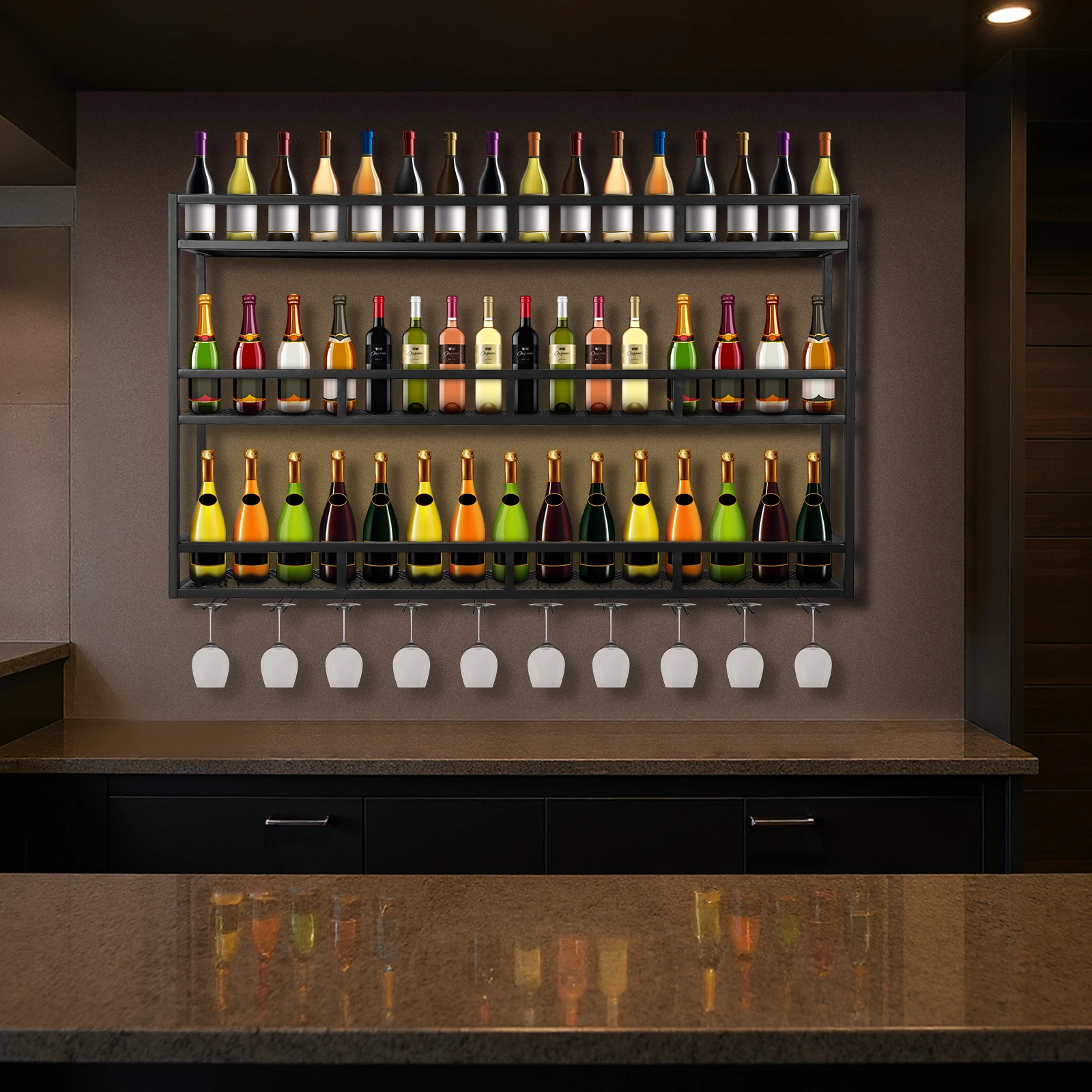 

Bar Liquor Bottle Display Shelf Large Capacity Wine Glass Holder Floating Wall Wine Bracket for Home Bar Dining Room Decorative