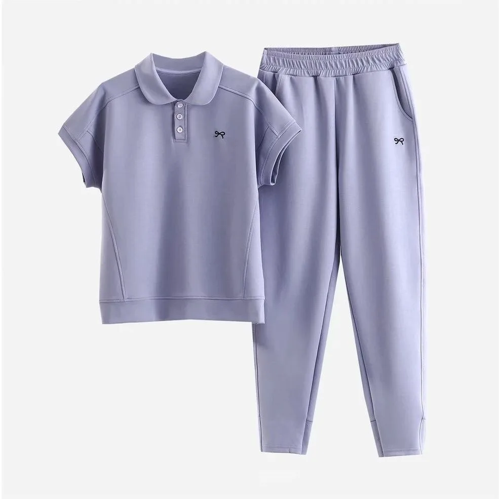 

Summer Korean Fashion Polo Short Sleeved T-Shirt Casual Cropped Pants Women's 2-Piece Set