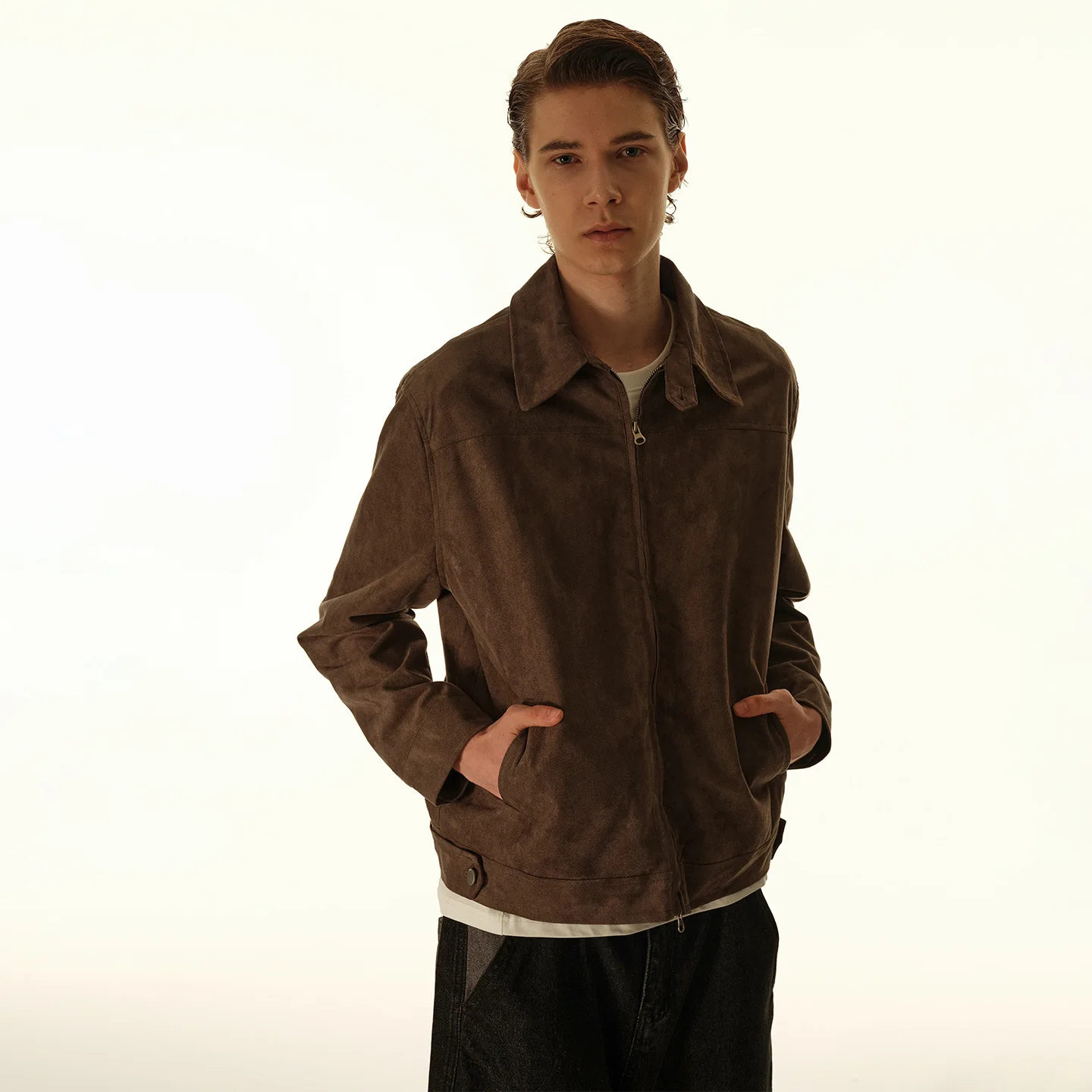 

Autumn New Fashion Vintage Men's Solid Color Casual Trendy Turn-down Collar Long Sleeve Zipper Suede Coat Male Jacket Clothes