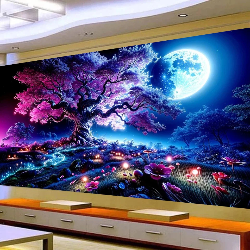 Fantasy Mystical Night Tree Moon Diamond Painting 5D Diy Large Size Full Diamond Mosaic Beautiful Pink Tree Home Decor Gift