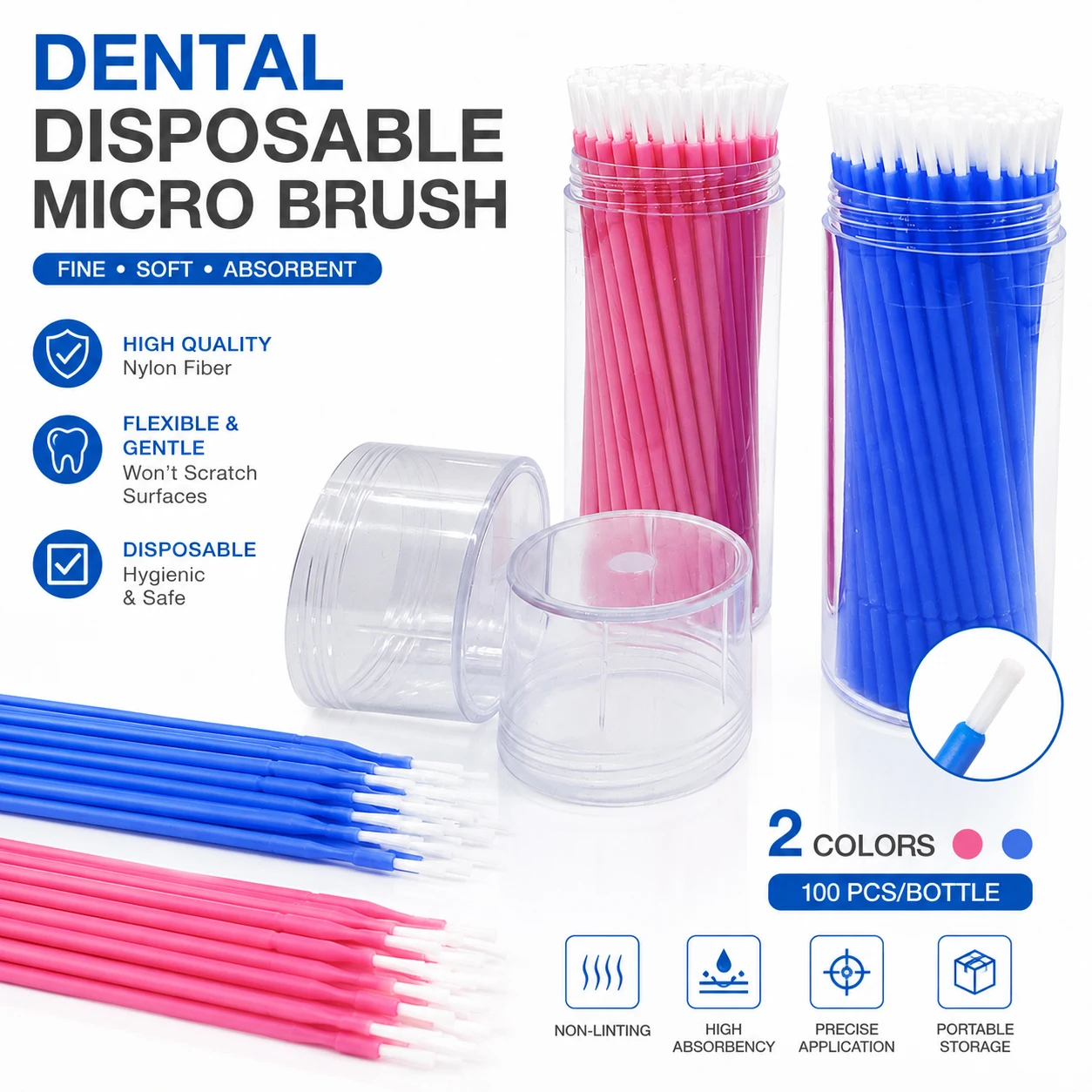 100Pcs Dental Microbrush Applicators Disposable Micro Brush Bendable Long Shank Brush Teeth Whitening Oral Dentist Cleaner Tools