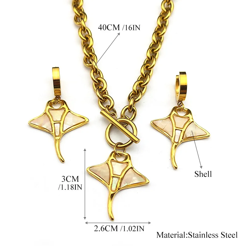 Abalone Shell Devil's Fish Jewelry Set Women Men Stainless Steel Gold Color Vintage Colorful Animal Necklace Earring Set ZZZ600
