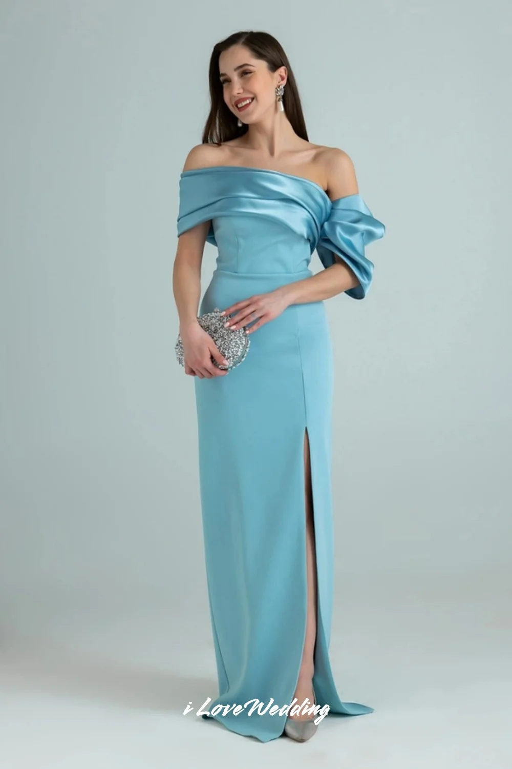 블루 오프숄더 이브닝 드레스 2025 새틴 스트랩리스 플리츠 백리스 머메이드 사이드 슬릿 웨딩 파티 드레스 맞춤 제작