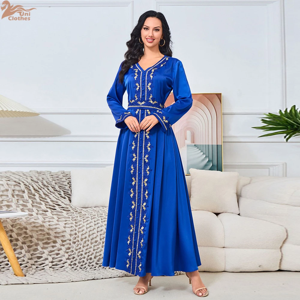 

Eid Ramadan Embroidery Muslim Dress Women Jalabiya Abaya Morocco Party Dresses Belted Vestidos Largos Kaftan Islam Dubai Arab