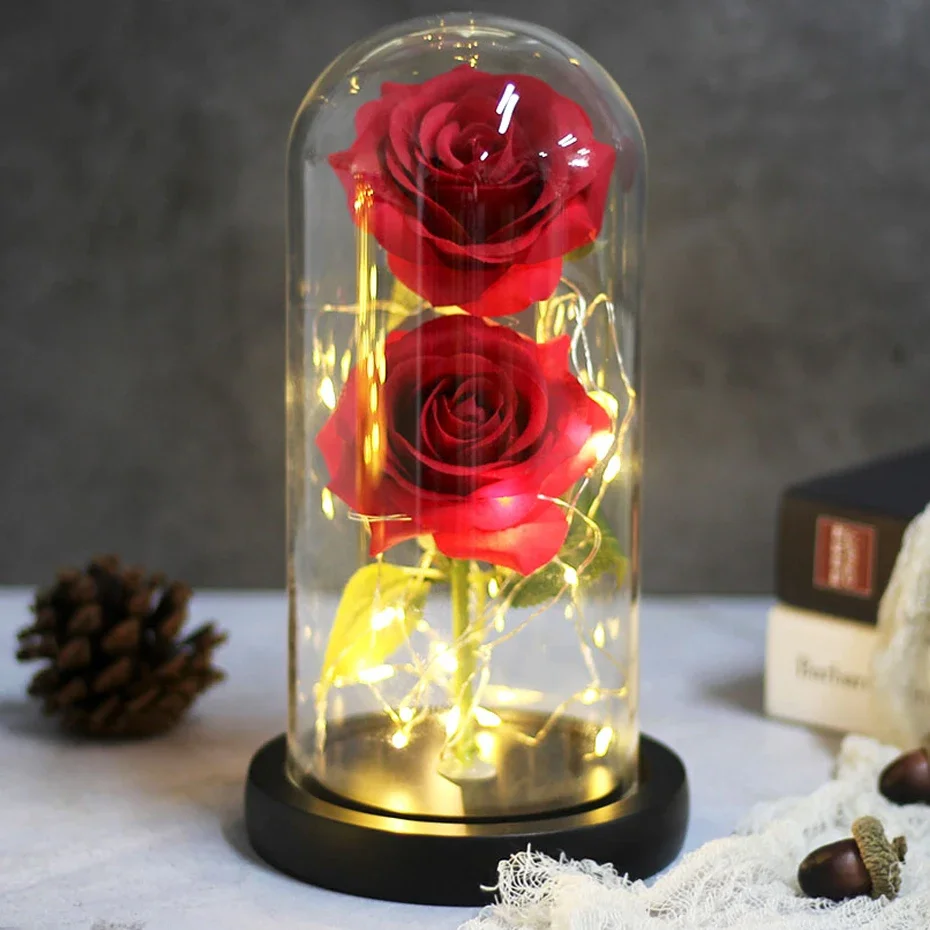 Two Rose,Forever Rose In Glass Dome,  Eternal Red Rose,Preserved Rose, Romantic Gift to Girlfriend/Women,Birthday/Christmas deco