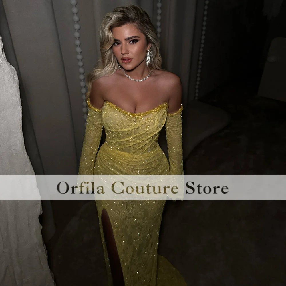 Sparkle Arabic Evening Dresses With Sleeves Sequin Prom Birthday Dress For African Girls Yellow Homecoming Gowns Customized