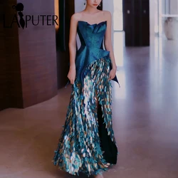 Lake Blue Jacquard Satin Evening Dresses Sparkle Sequin Tassels Semi A line Prom Gown Peplum Celebrity Dress New Design 2024