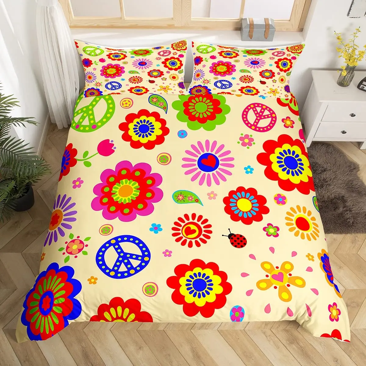 Groovy Comforter Cover Queen Retro Hippie Flower Bedding Set Aesthetic Psychedelic Floral Duvet Cover Boho Botanical Quilt Cover