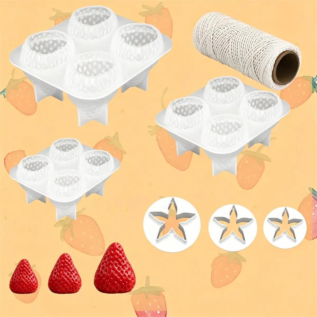 3D Strawberry and Grape Scented Soap Mold, 3-Piece Strawberry Silicone Scented Candle Soap Mold with 3 Leaf Molds