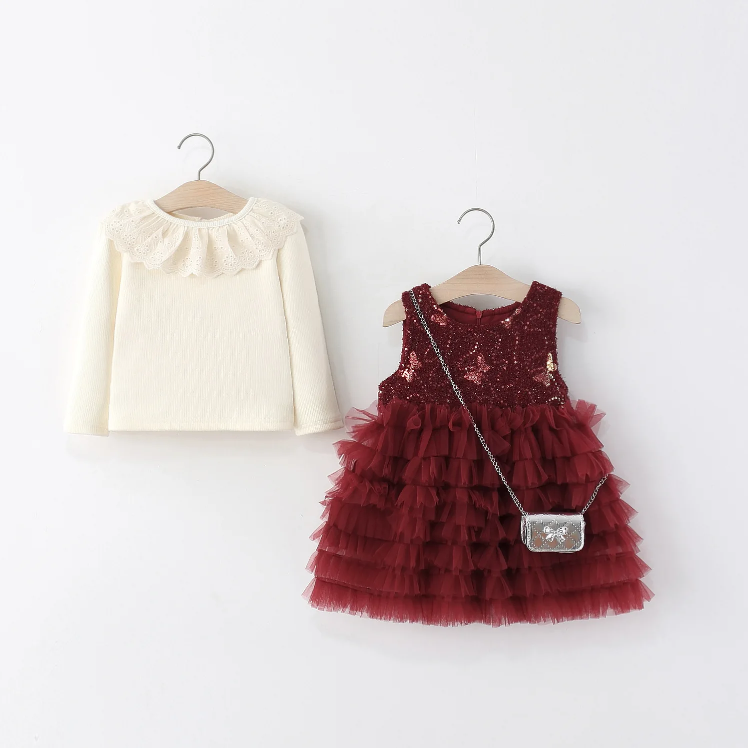 أطقم ملابس للفتيات الصغيرات لخريف وشتاء تي شيرت + سترة ترتر فستان مناسب للفتيات الرضع من القماش أطقم أعياد الميلاد وأعياد الميلاد