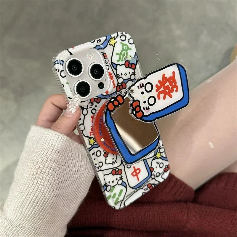 Cute Mahjong Hello Kitty Magsafe Wireless Charge Case For iPhone 13 12 14 15 16 Pro Max Mahjong KT Mirror Rotate Magnetic Holder