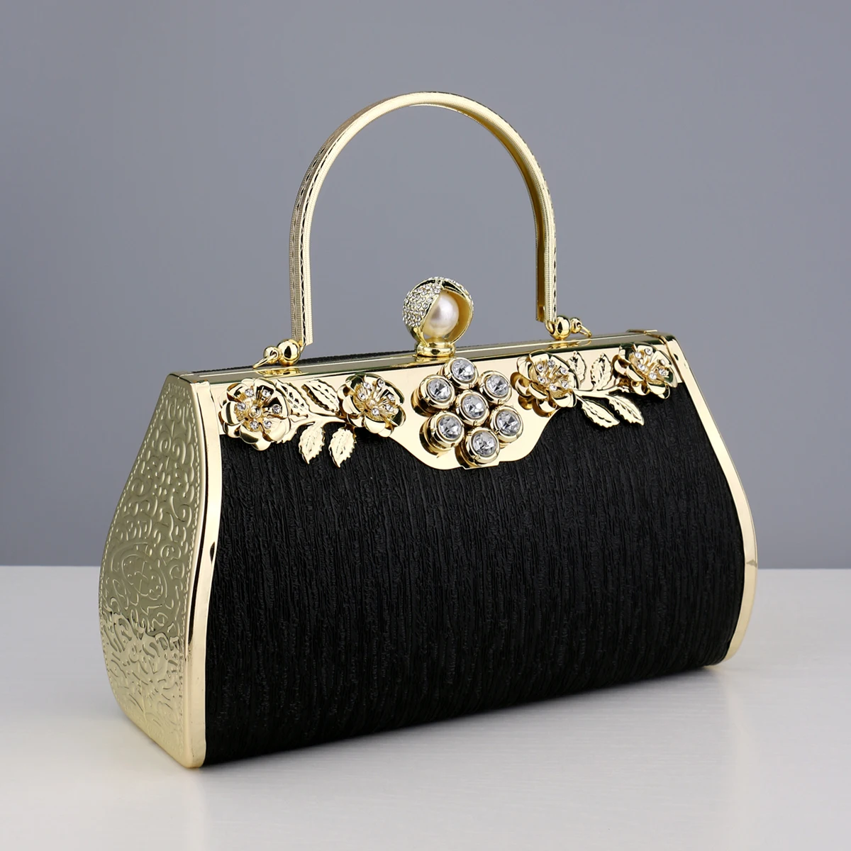 

Luxury Golden Evening Bags Lady Bucket Small Clutch With Diamonds Handbags Flower Printed Purse