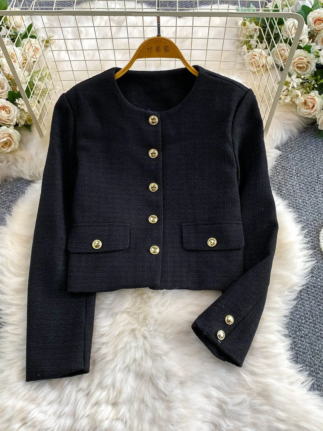 Women's White Elegant Short Jacket Coat Korean Vintage Long Sleeve O-Neck Outerwear Loose Tweed Jacket for Women Spring Autumn