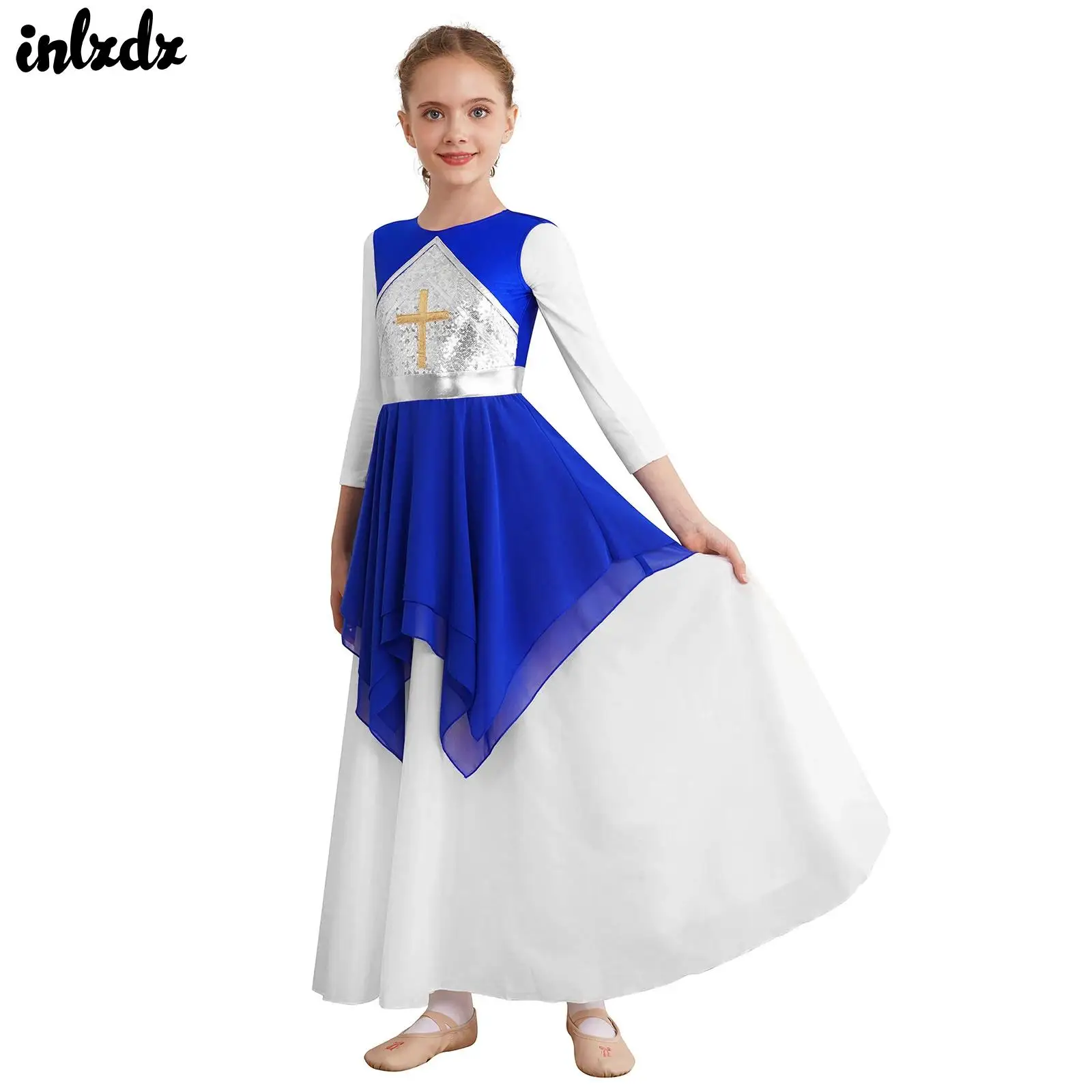 

Kids Girls Liturgical Praise Ballet Lyrical Dance Performance Costume Metallic Shiny Cross Sequins Dress Irregular Hem Dresses