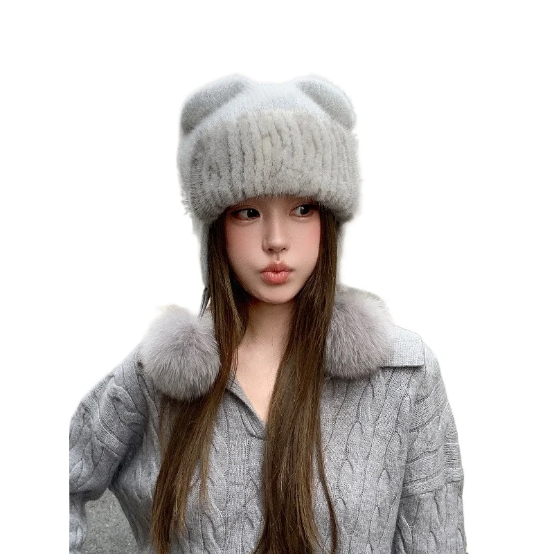 

Новая женская шапка из меха норки, осенне-зимняя милая вязаная шапка с кошачьими ушками, защита от холода, защита ушей, плюшевая теплая шапка