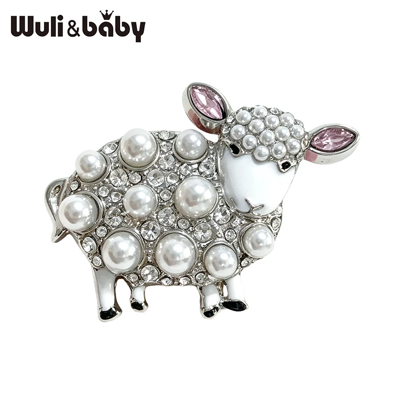 Wuli&baby Cute Pearl Sheep Brooches For Women Men 2-color Rhinestone Year Of the Goat Animal Casual Office Brooch Pins Gifts