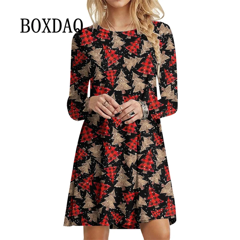 Elegante Frauen Kleid Festival Party Weihnachten Baum Kleid Weihnachten Schneeflocke Drucken A-Line Kleid Herbst Casual Langarm Kleid femme