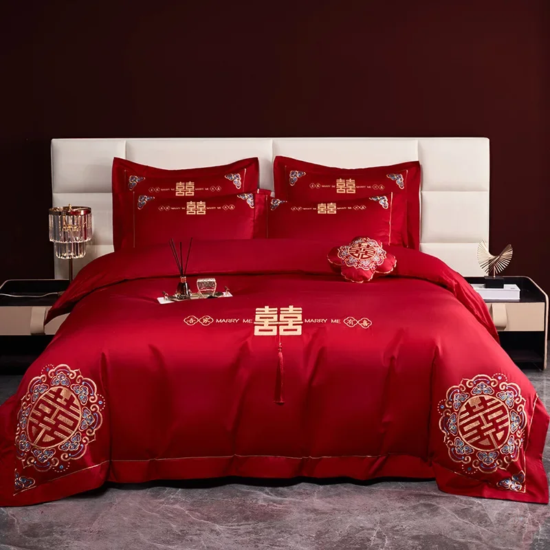 New Chinese style wedding four piece set made of pure cotton, bright red, 100s long staple cotton embroidered duvet cover, weddi