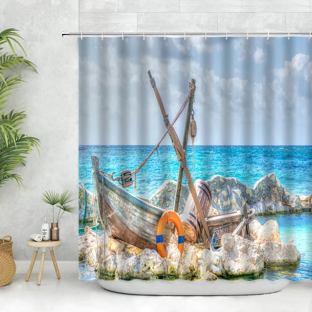 Blue Ocean Scenery Shower Curtains Wooden Fishing Boat Sea Beach Landscape 3D Summer Nature Bathroom Curtain Set Cloth Decor